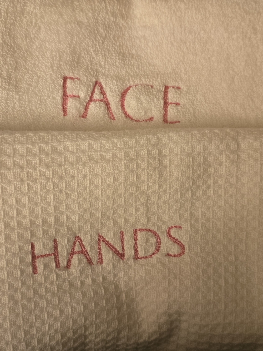 Embroidered 'FACE' & 'HANDS' White Towels  - Pink Lettering For Ladies Bathrooms